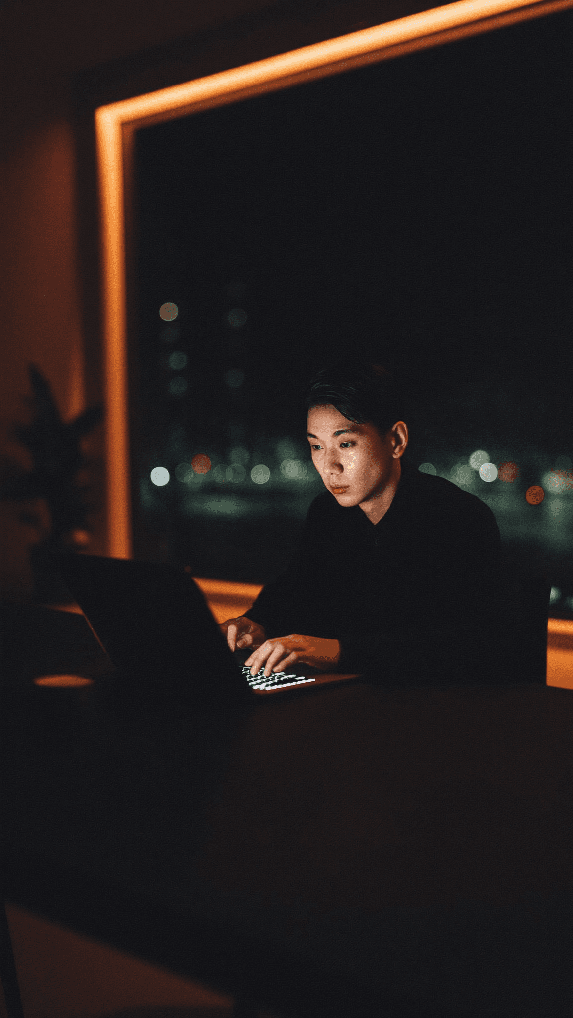 Learner studying online at night, laptop glowing with warm light
