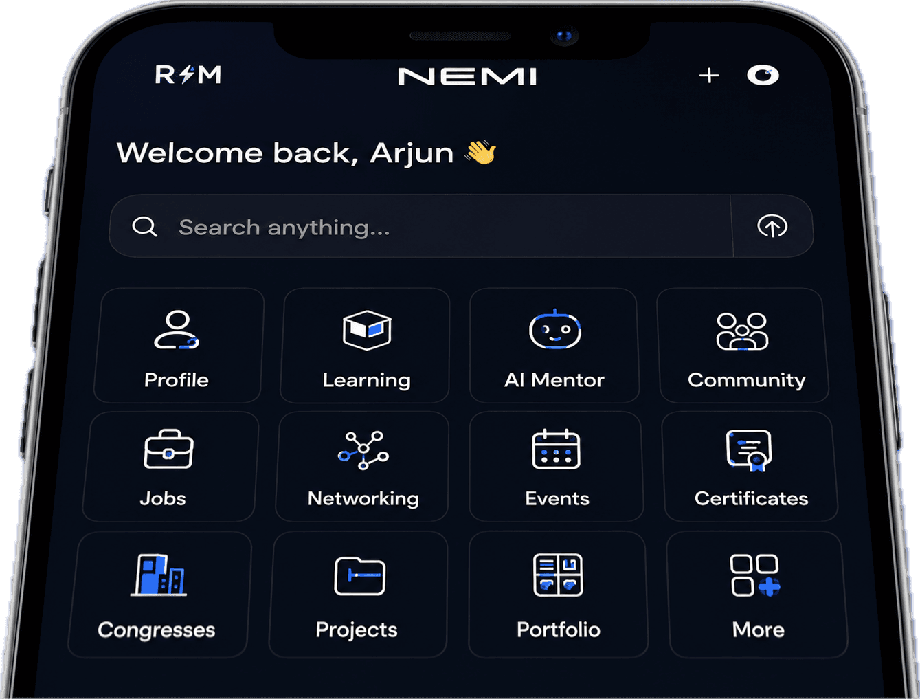 The NEMI platform app — profile, learning, AI mentor, community, jobs, networking, events, certificates and more